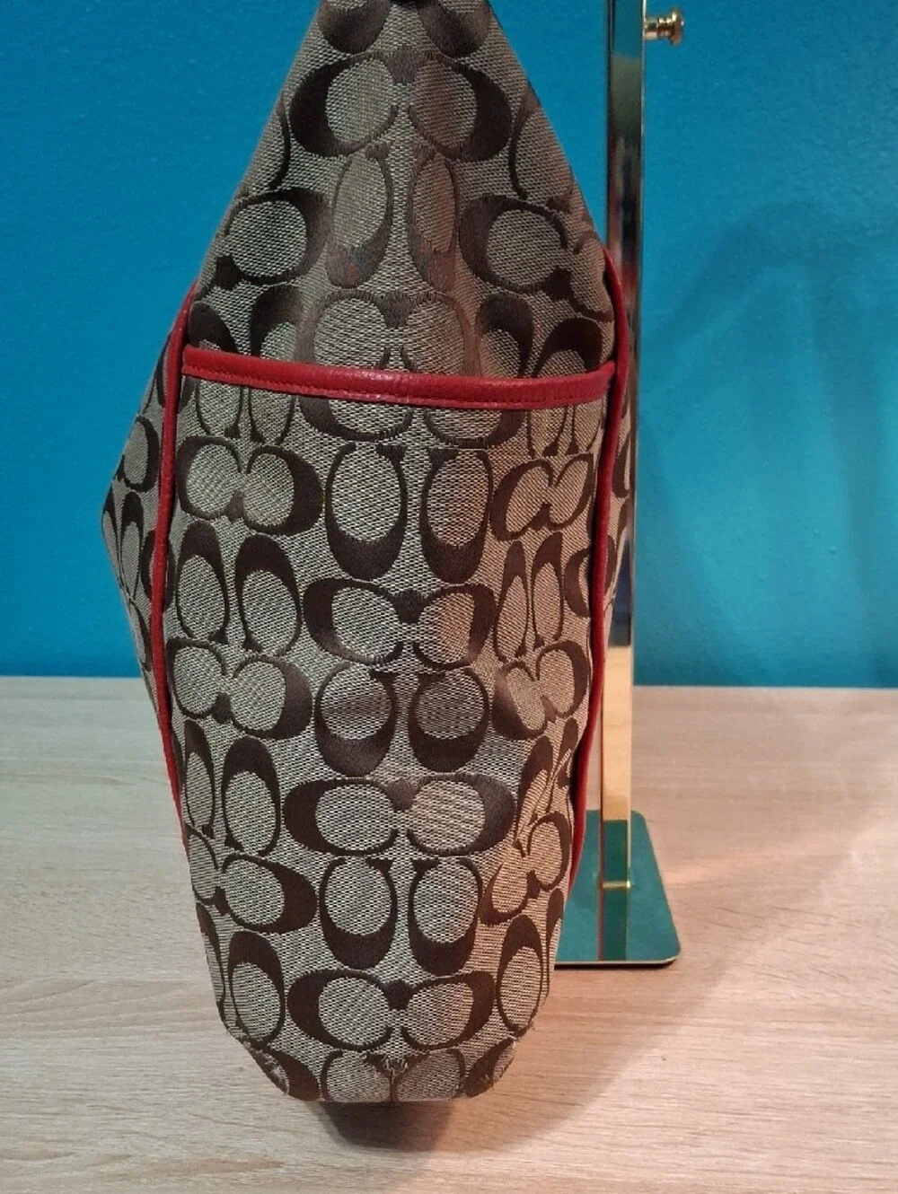 Coach Park Signature Canvas Shoulder Bag in Tan with Red Trim F30341